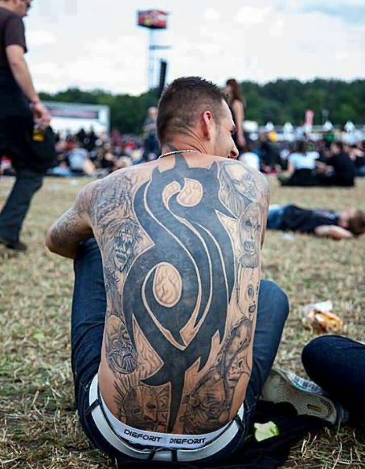 Nice Big Tribal Slipknot Logo With Masks Tattoo On Full Back