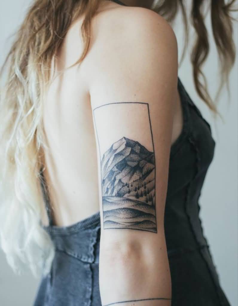 Nice Black And Grey Mountains With Trees Tattoo On Bicep