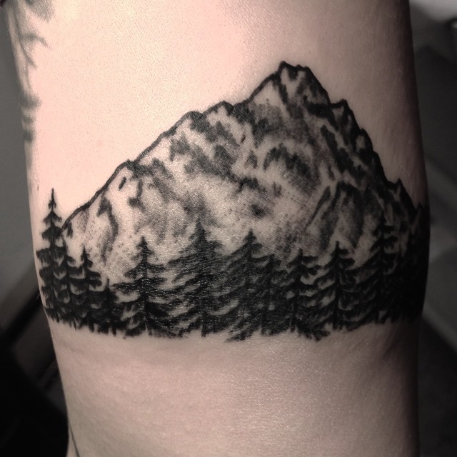 Nice Black And White Mountains With Trees Tattoo