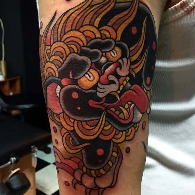 Nice Black Color Foo Dog Tattoo On Forearm By Sa Jin
