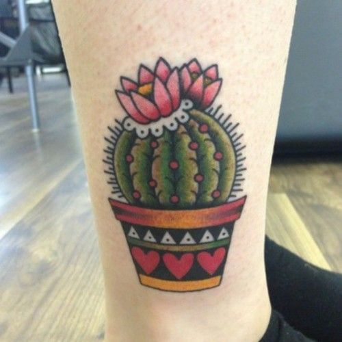Nice Cactus In Pot Traditional Tattoo On Ankle
