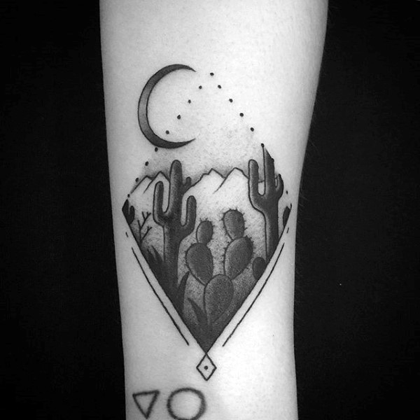 Nice Cactus Plants With Half Moon And Mountains In Metric Tattoo