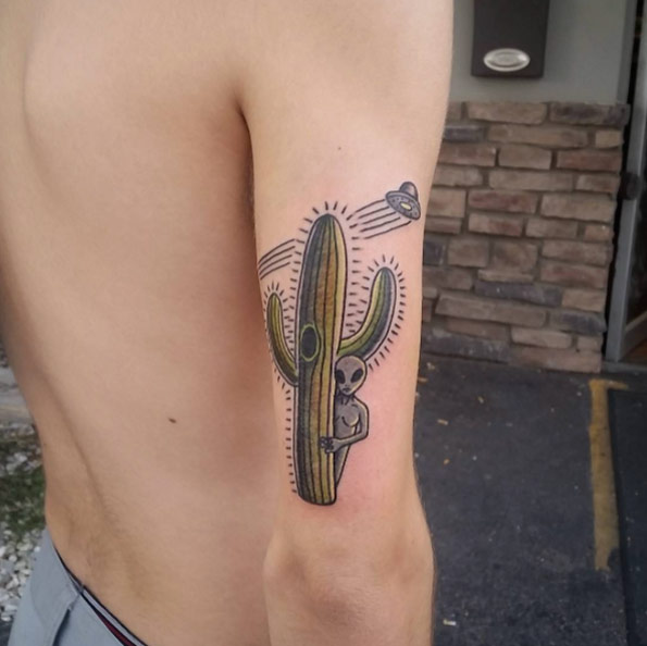 Nice Cactus With Alien And Space Ship Tattoo On Half Sleeve
