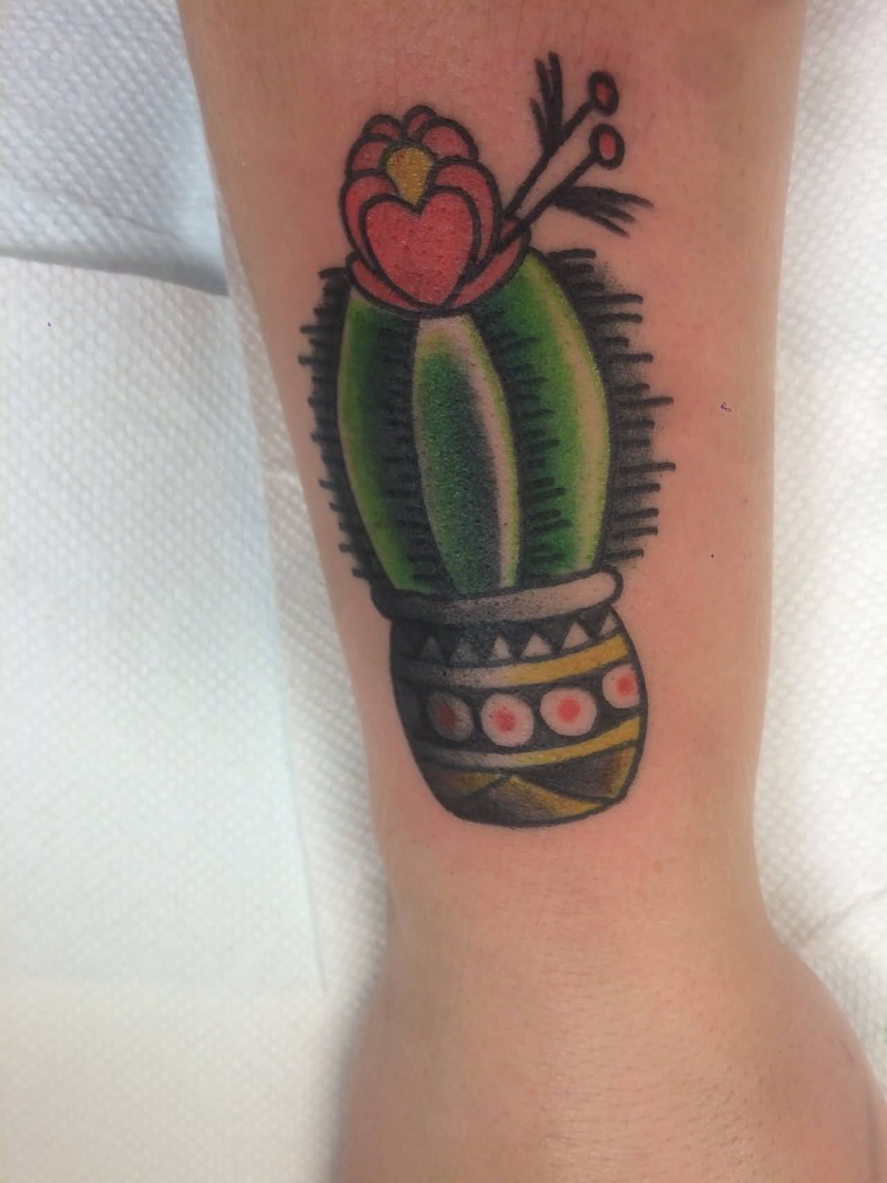 Nice Cactus With Pot Traditional Tattoo On Arm Sleeve