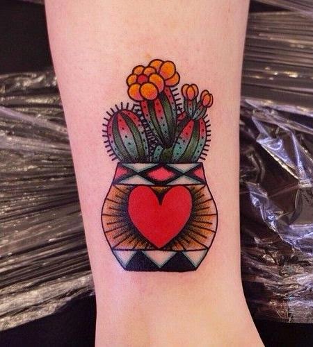 Nice Cactus With Red Heart On Pot Traditional Tattoo