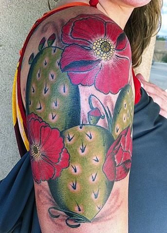 Nice Colorful Cactus With Red Flowers Tattoo On Right Shoulder