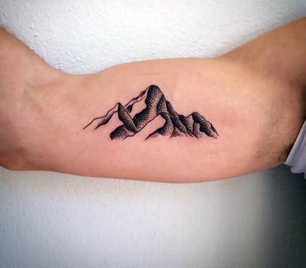 Nice Dotwork Mountains Tattoo On Bicep For Men