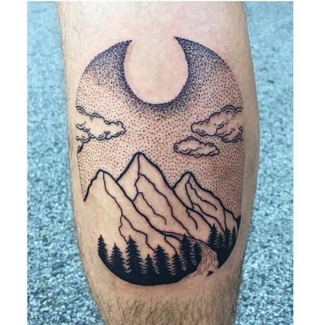 Nice Dotwork Mountains With Clouds Tattoo