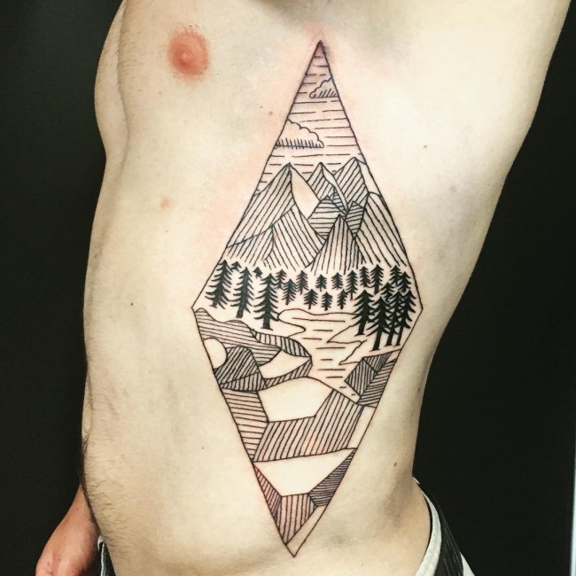 Nice Dotwork Mountains With Pine Trees In Diamond Shape Tattoo On Side Rib