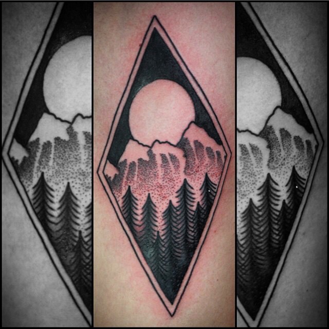 Nice Dotwork Mountains With Trees In Diamond Shape Tattoo