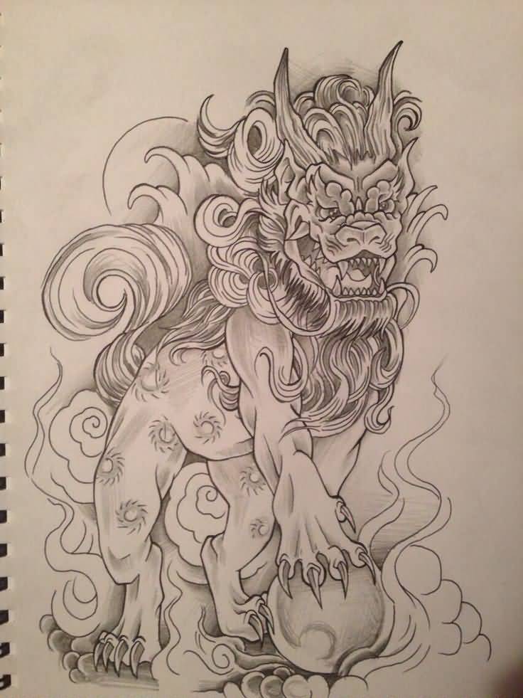 Nice Foo Dog With Ball Tattoo Design By Relentless