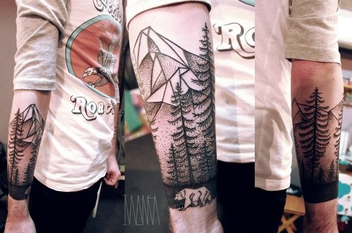 Nice Geometric Mountain Scene Tattoo On Arm Sleeve
