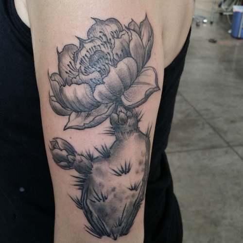 Nice Grey Color Cactus Flower Tattoo On Half Sleeve