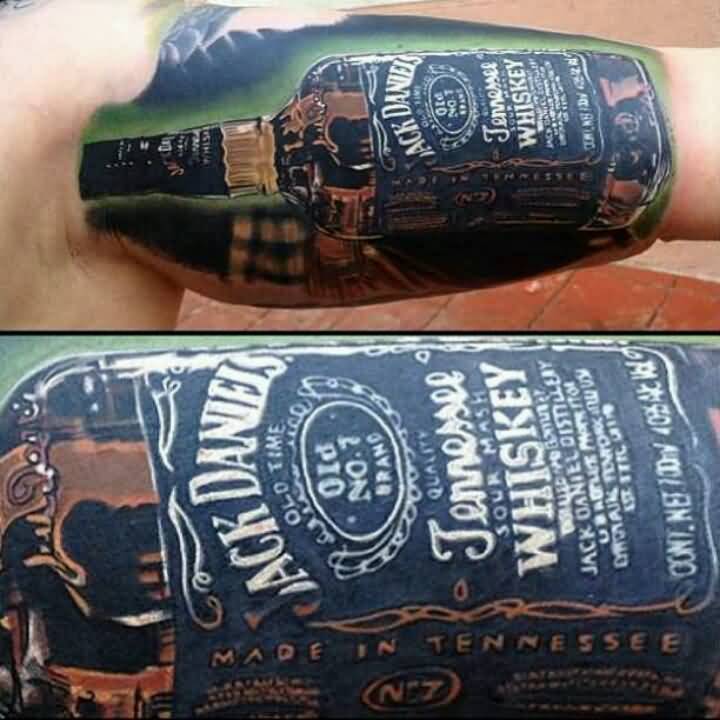 Nice Jack Daniel Bottle In Green Background Tattoo On Bicep