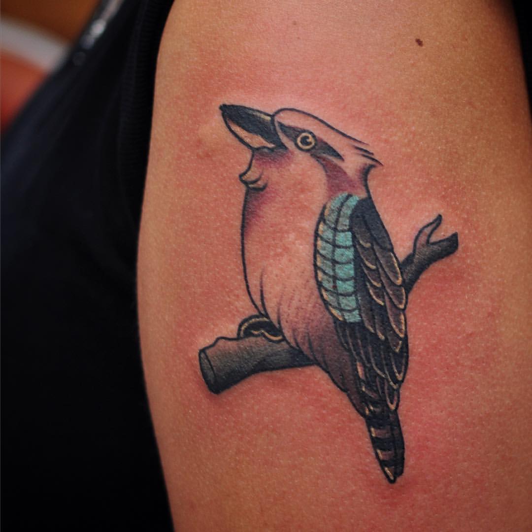 Nice Kookaburra On Branch Tattoo On Half Sleeve By Wade Johnston