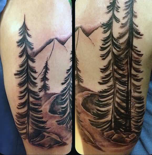 Nice Mountains And Pine Trees Tattoo On Left Half Sleeve