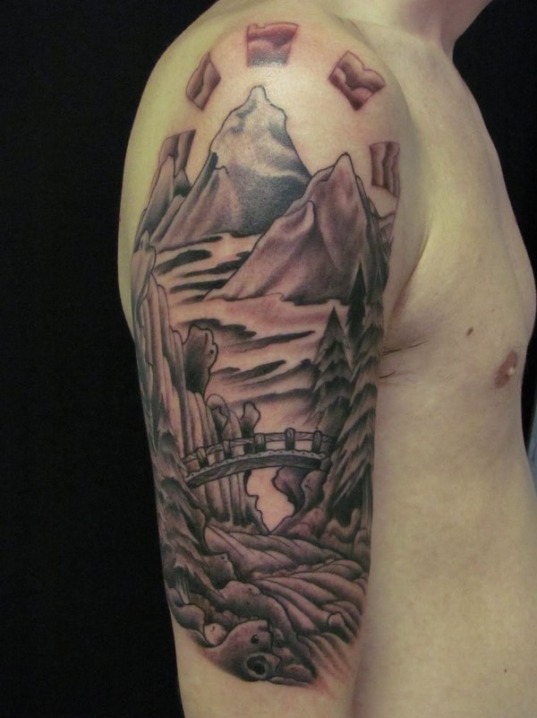 Nice Mountains Landscape Tattoo On Right Shoulder