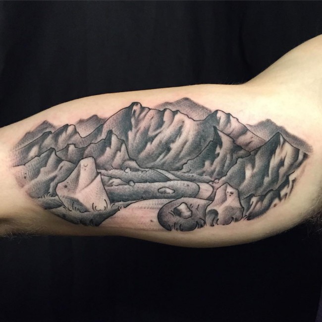 Nice Mountains Scene Tattoo On Arm Sleeve