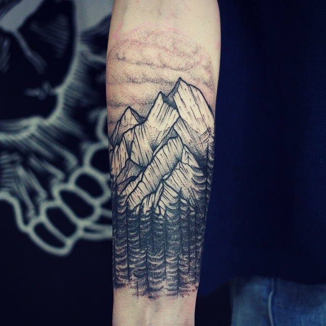 Nice Mountains With Trees Tattoo On Forearm