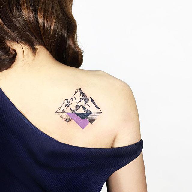 Nice Mountains With Unique Reflection Tattoo On Right Shoulder