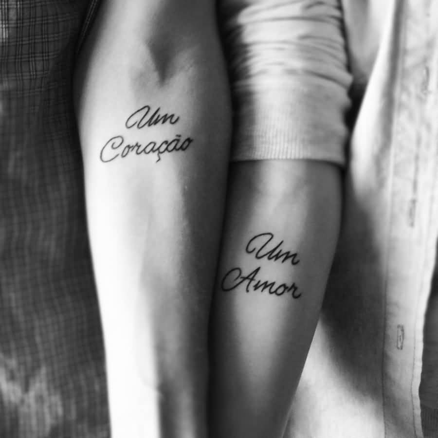 Nice Name Word Matching Couple Tattoos On Forearms