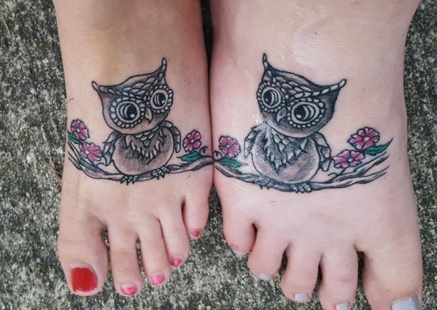 Nice Owls Sitting On Branch Matching Tattoos On Foots