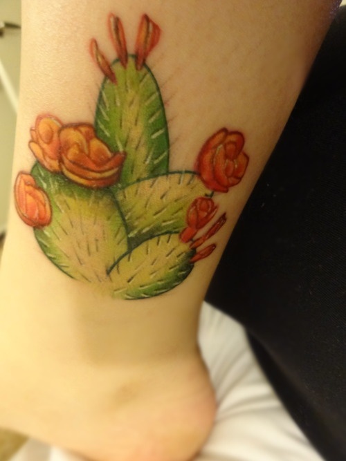 Nice Prickly Pear Cactus Tattoo On Back Leg