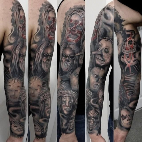 Nice Slipknot Members Masks Tattoo On Full Sleeve