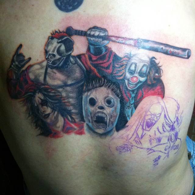 Nice Slipknot Members Tattoo On Upper Back