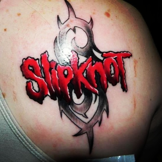 Nice Slipknot Word With Logo Tattoo