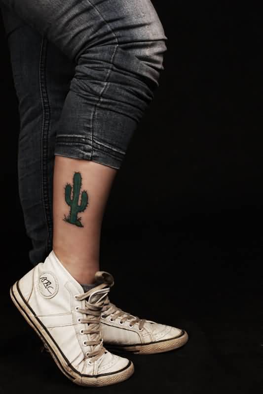 Nice Small Cactus Tattoo On Leg