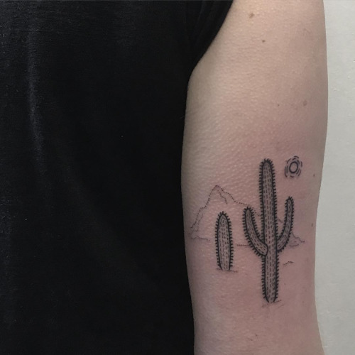 Nice Small Saguaro Cactus With Mountain Tattoo On Half Sleeve