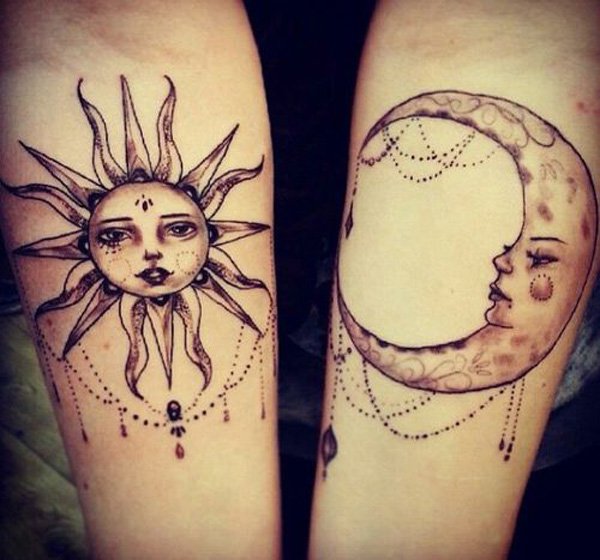 Nice Sun And Moon Matching Tattoos On Forearms
