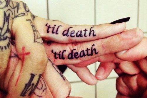 Nice Till Death Words Matching Couple Tattoos On Fingers