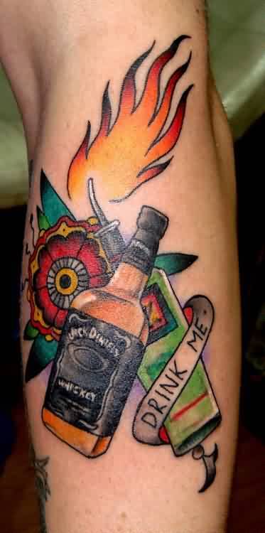 Nice Yellow Flame With Drink Me Banner And Jack Daniel Bottle Traditional Tattoo On Arm Sleeve