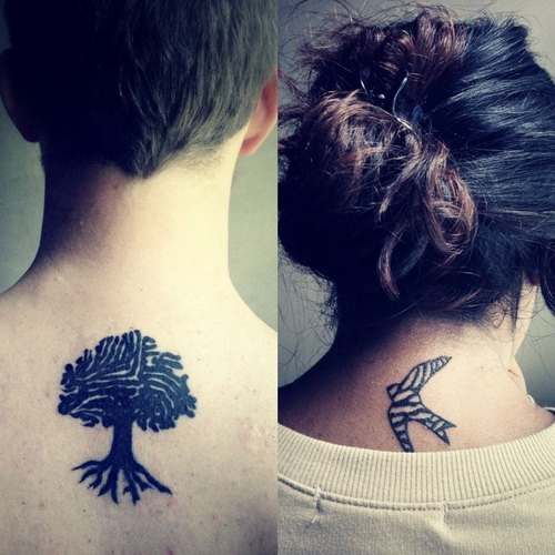 Nicely Designed Bird And Tree Matching Couple Tattoos On Napes