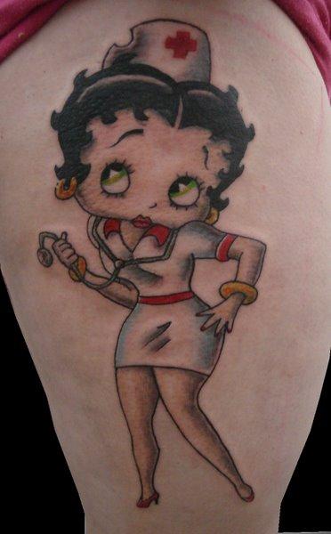 Nurse Betty Boop Tattoo On Side Thigh