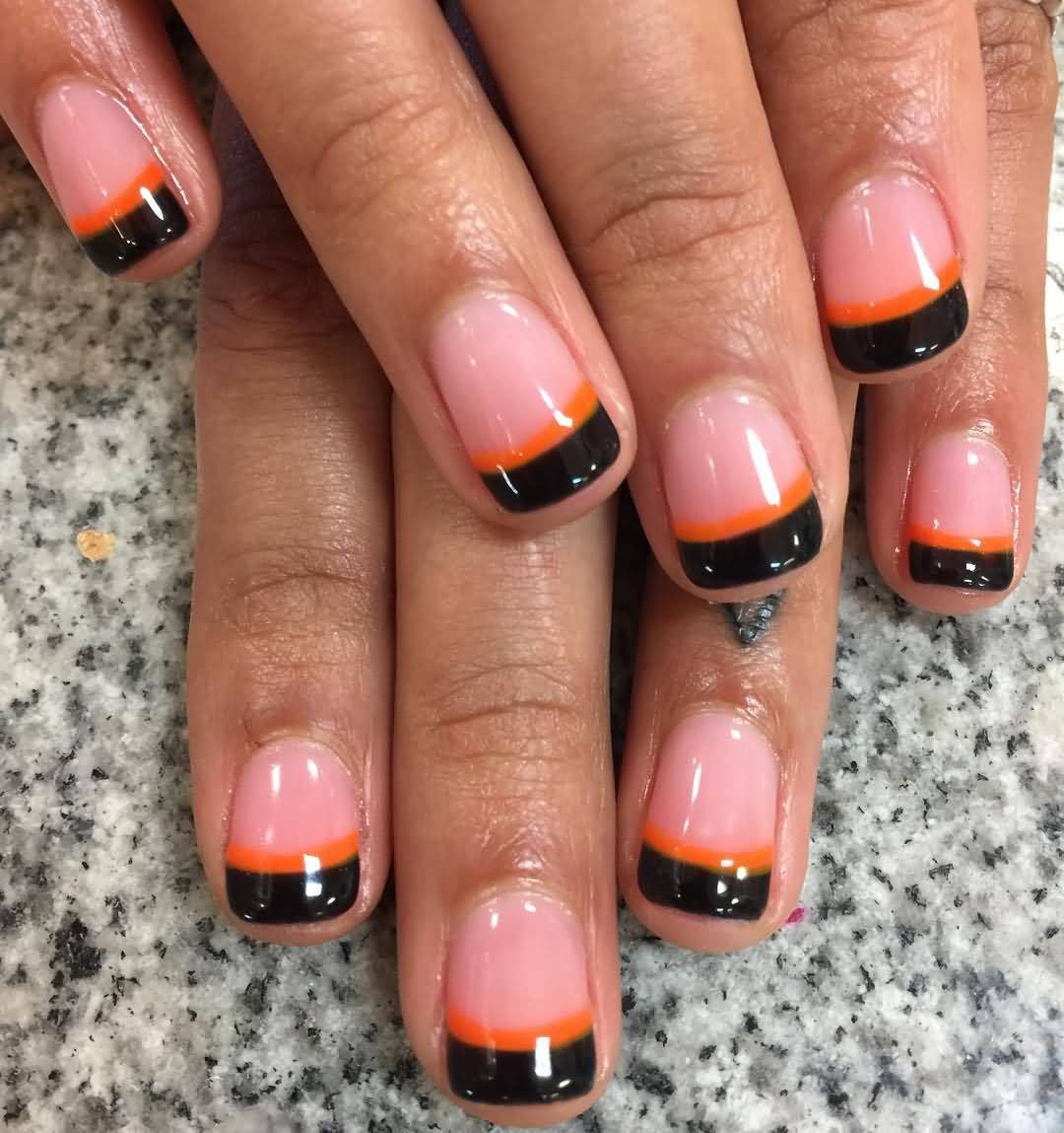 Orange And Black Glossy Tip Nail Design