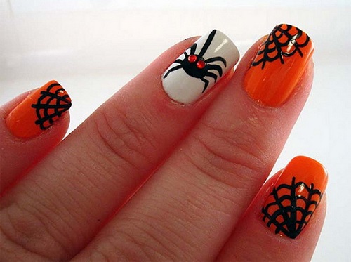 Orange And White Spider Web Halloween Nail Art