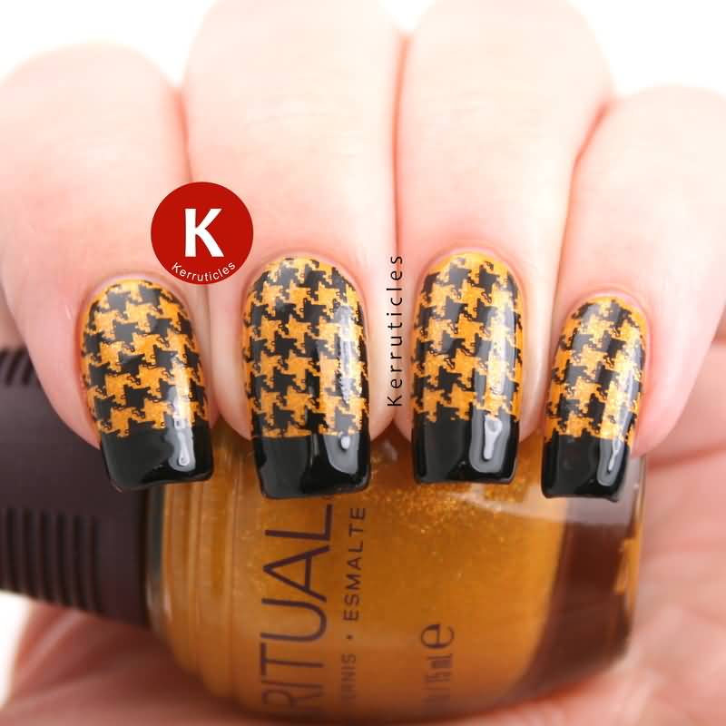Orange Houndstooth Nail Art With Black French Tip Design