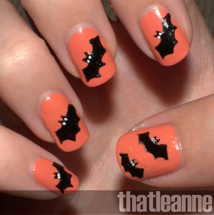 Orange Nails With Black Bats Halloween Nail Art