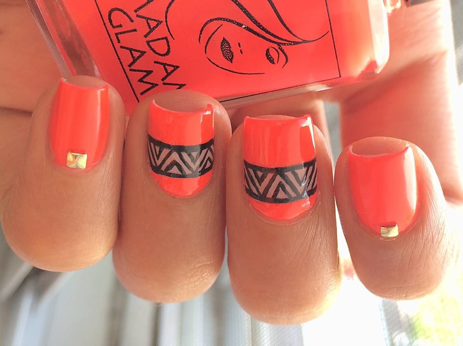 Orange Neon Nails With Black Design