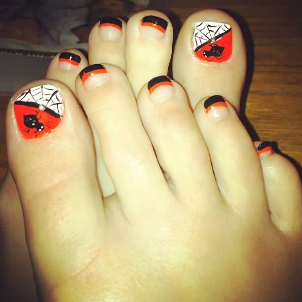 Orange Toe Nails With Spider And Web Halloween Nail Art