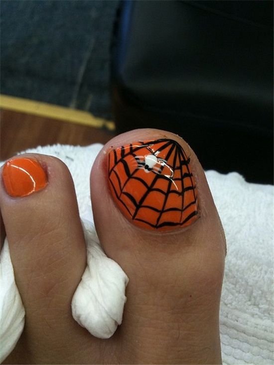 Orange Toe Nails With Spiderweb Halloween Nail Art