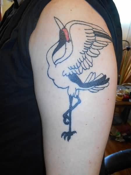Outline Crane Tattoo On Left Shoulder by Soupandleaves