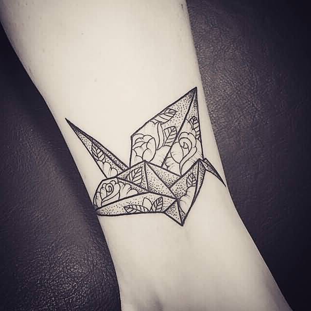 Outline Rose And Paper Crane Tattoo On Leg