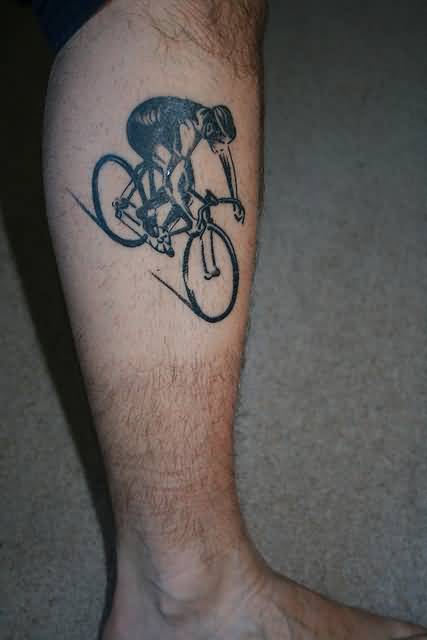 Outstanding Cyclist Riding Cycle Tattoo On Leg