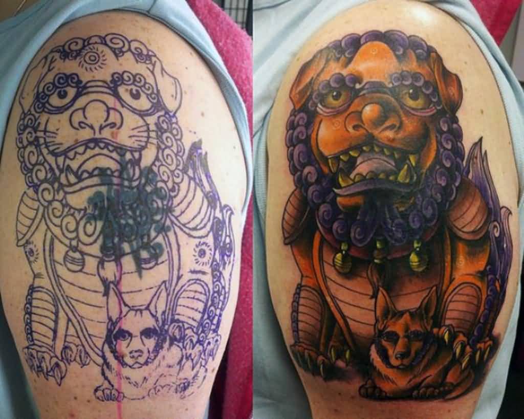 Outstanding Fu Dog With Dog Wearing Googles Tattoo On Left Shoulder