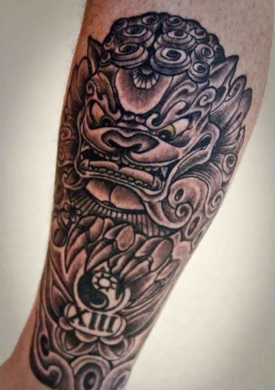 Outstanding Grey Color Scary Foo Dog Tattoo On Arm Sleeve