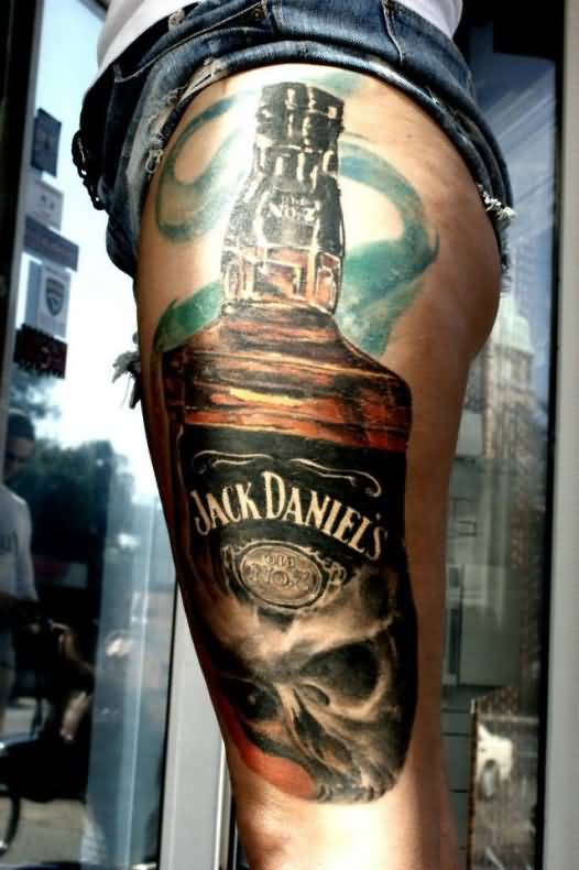 Outstanding Jack Daniel Bottle With Skull Tattoo On Thigh